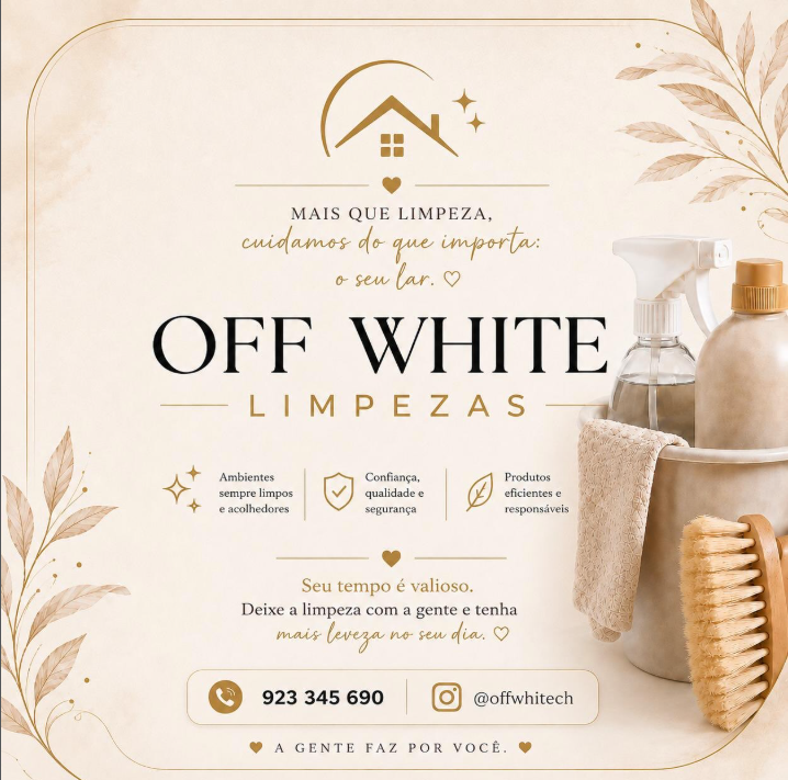 Identidade e produtos da Off White Limpezas